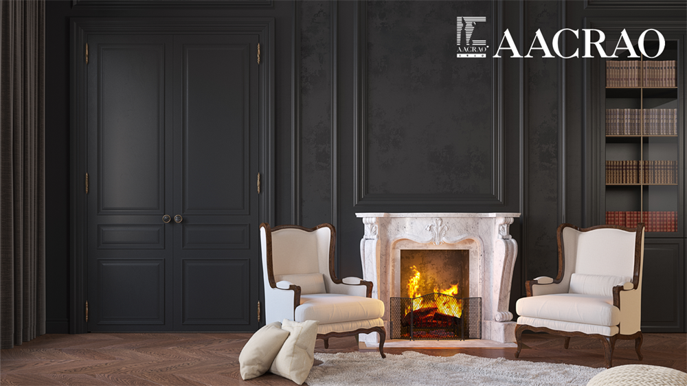 AACRAO Zoom background featuring two white cushioned armchairs next to a white stone fireplace.