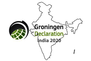 India map with black and green text over it saying, "Groningen Declaration India 2020".