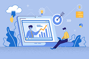 Illustration of a small figure in a yellow shirt working on a laptop while sitting on the keyboard of a giant laptop displaying another figure pointing at a graph.