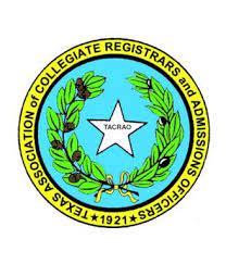 Circular emblem with a white star and green wreaths in the center and the following text around the border: Texas Association of Collegiate Registrars and Admissions Officers.