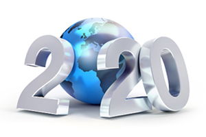 illustration of 3d numbers reading 2020, with the first zero represented as a globe