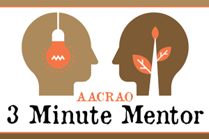 outline of a head with a lightbulb overlayed faces another outline of a head with a growing tree overlayed and the text "AACRAO 3 minute mentor" displayed