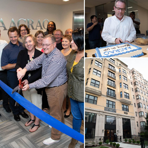 on the left, group of people cut a blue ceremonial ribbon. On the right, picture of a male cutting a cake above a photo of the current AACRAO office building