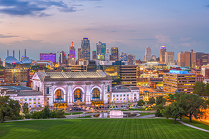 Daytime aerial view of Kansas City, Mo skyline.