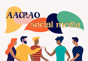 diverse group of cartoon figures greet one another with "AACRAO Social Media" displayed above them
