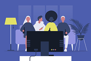 diverse group of illustrated people watch a TV together while all sitting on a couch