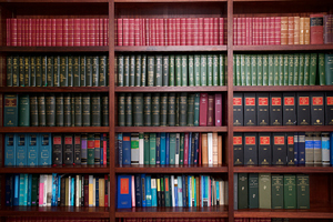 bookshelves filled with academic works