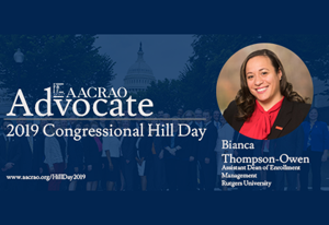 Faded blue background photo of Capital Hill with the words "AACRAO Advocate, 2019 Congressional Hill Day" displayed next to a headshot of Bianca Thompson-Owen
