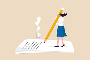Illustration of an individual editing a large piece of paper.