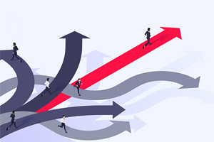 multiple winding grey arrows with people walking along them, representing career paths, and one red arrow pointing straight 