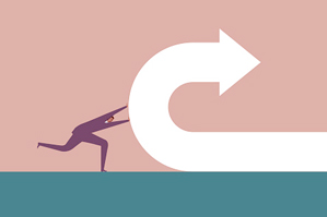 illustration of business figure pushing arrow in a u-turn