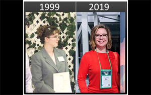 presumably the same female shown in 2 side-by-side pictures with one being taken in 1999 and the other in 2019