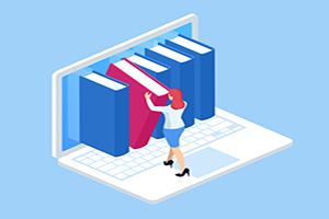 illustrated businesswomen pushes a red book into line with a set of blue books which are coming out of a laptop screen
