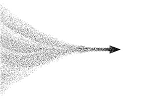 Illustration of many dots combining to form a right facing arrow.