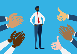 illustration of new employee surrounded by hands clapping and thumbs up