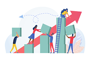 illustrated figures work together to build a bar graph that is steadily increasing 