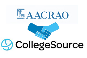 two blue hands shaking with the AACRAO pen logo on top and the CollegeSource logo on the bottom