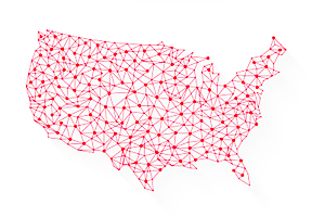 map of U.S. with red points all interconnected