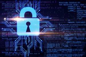 illustration of padlock over computer hardboard and code