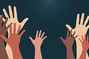 group of illustrated hands reaching upwards against a dark turquoise background 