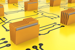 yellow folders stood upright on a circuit board