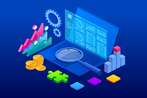solid blue background with a laptop in the center and various icons, such as a magnifying glass, stack of coins, gears, etc surrounding it