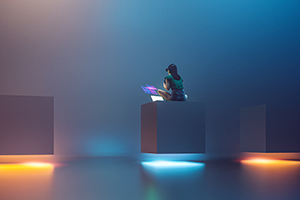 Woman sitting on floating cube working on laptop.