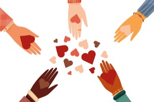 illustration of 5 hands in a circle holding paper hearts with a pile of hearts in the center