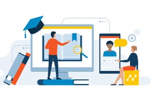 illustration of person standing on book looking at computer chatting with someone on smartphone, books leaning against monitor and graduation cap to the side