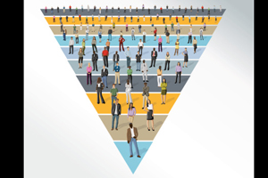 figures standing on different tiers of a triangle that's pointing down 