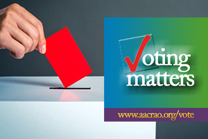 red ballot being placed in a box with the text "voting matters" displayed