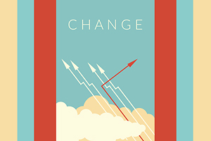 beige, turquoise, and auburn stripes are mirrored on either side of the image with the text "change" displayed in the middle along with lightning bolts