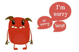 cartoon red monster with horns says sorry
