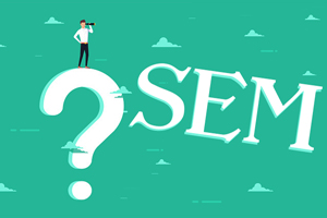 Cartoon figure stands atop a giant question mark while looking out at the word "SEM"
