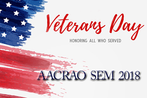 water color stars and stripes in the background with the text "Veterans Day AACRAO SEM 2018" displayed