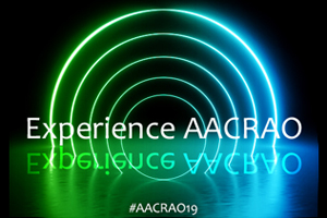 the text "experience AACRAO" is displayed in front of a black background with partial circles of light expanding out from the middle of the image
