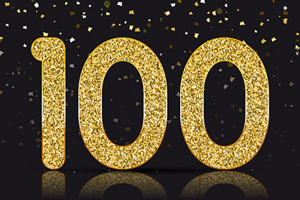 the number 100 in gold sparkling lettering