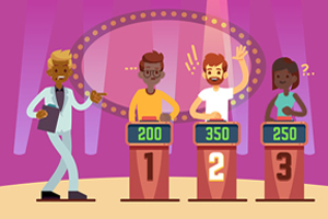 cartoon image of 3 contestants and host on a TV competition 