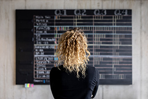 Young professional contemplating a flowchart of activities on a chalkboard.