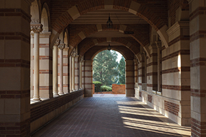 Photograph of a university outdoor hallway.