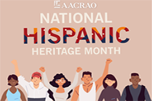 diverse group of figures with some raising their hands in celebration and the text overlay: "AACRAO National Hispanic Heritage Month"