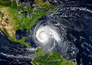 graphic showing a large hurricane off the coast of Florida 