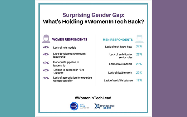 Graphic showing survey results, grouped by gender, for the question "what's holding #WomenInTech back?"
