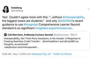 screenshot of a tweet expressing excitement and support for AACRAO's Comprehensive Learner Record standard