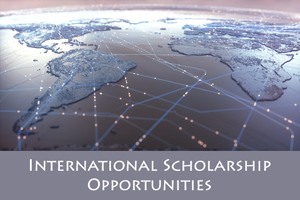 the text "international scholarship opportunities" is visible at the bottom of the frame with an image of a globe connected by intersecting lines above the text