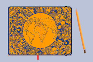 pencil and journal book with a yellow depiction of the globe encircled by various figures drawn inside the book