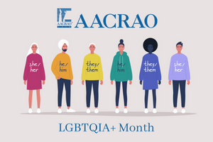 diverse group of cartoon figures with their pronouns written on their chests and the text overlay: "AACRAO LGBTQIA+ Month"
