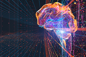 representation of a brain made out of light and binary code