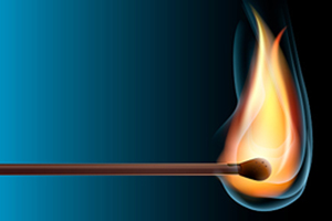blue-to-black gradient background with a burning match in the foreground 