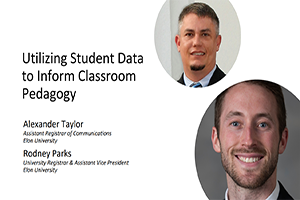 White background displaying the text "utilizing student data to inform classroom pedagogy" with a circular headshot of Alexander Taylor and Rodney Parks off to the side